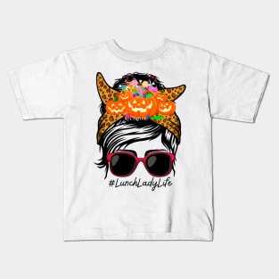 Lunch Lady Messy Bun Spooky Pumpkin Orange Halloween Costume Kids T-Shirt